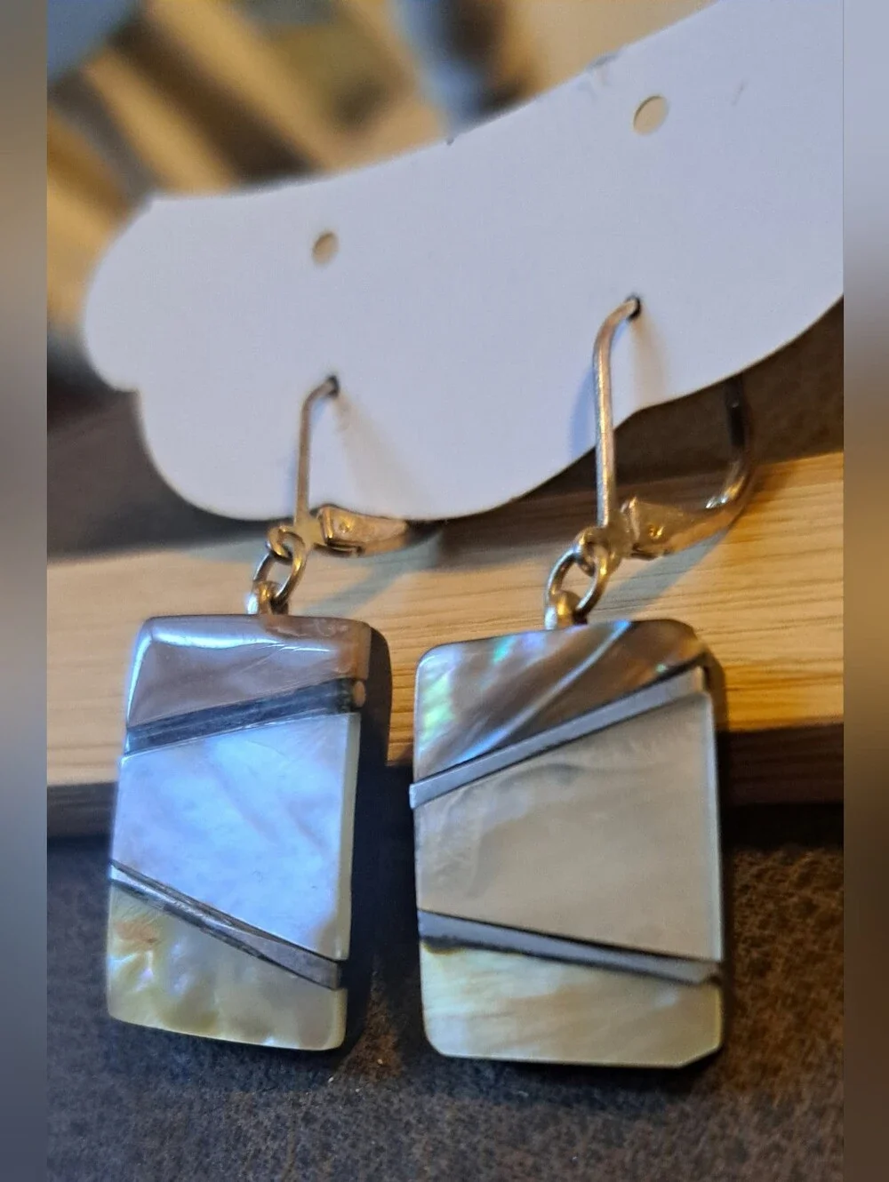 Inlayed Mother of Pearl Sterling Silver Slats Dangly Earrings Oblong Gorgeous